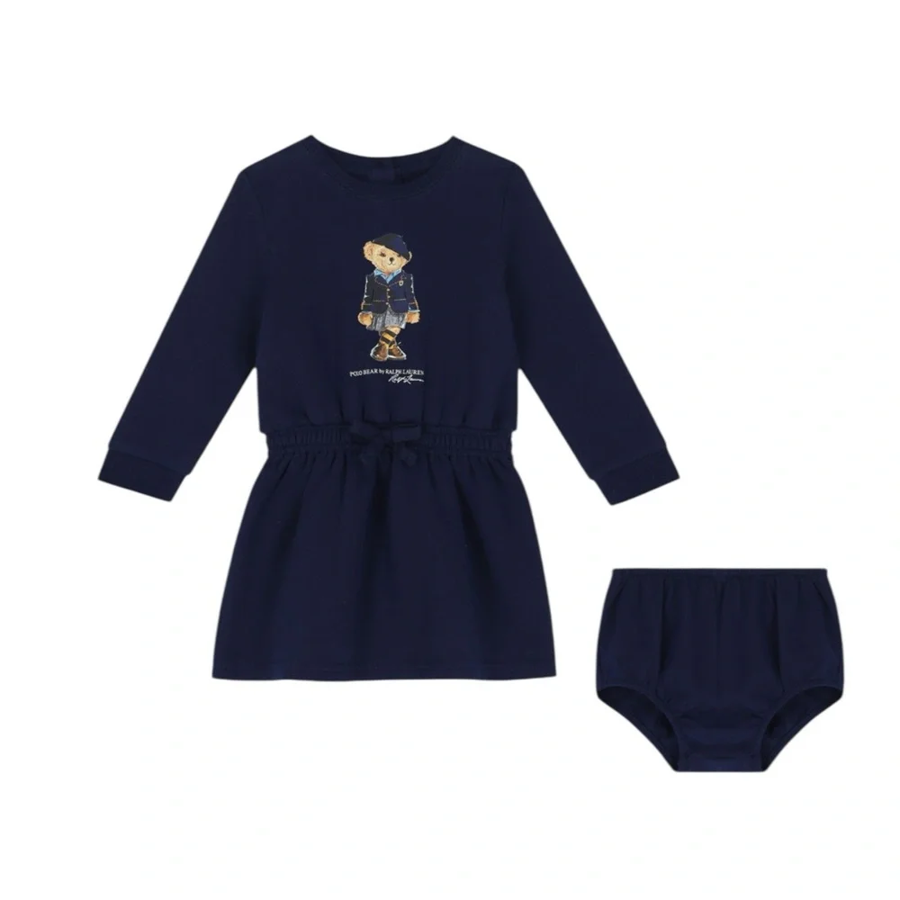 NWT Polo Ralph Lauren Baby Girls Polo Bear Long Sleeve Fleece Dress‎ & Bloomers